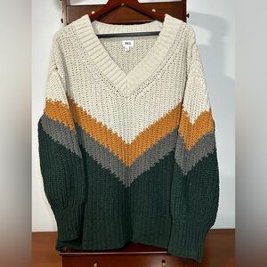 BKE Women's Large Chevron Knit Sweater V Neck Cream, Orange, Gray, Green